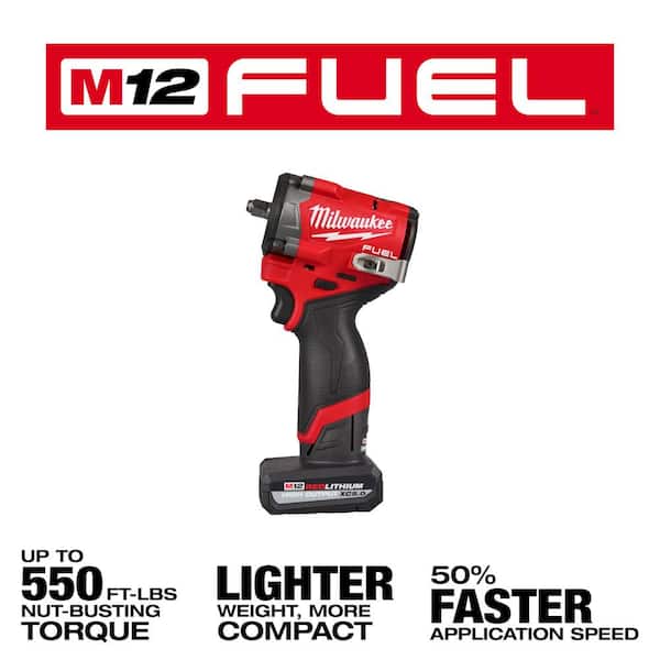 Milwaukee M12 FUEL 12V Li-Ion Brushless Cordless Stubby 3/8 in. Impact Wrench Kit w/ Impact Driver, Batteries 2562-22-3453-20