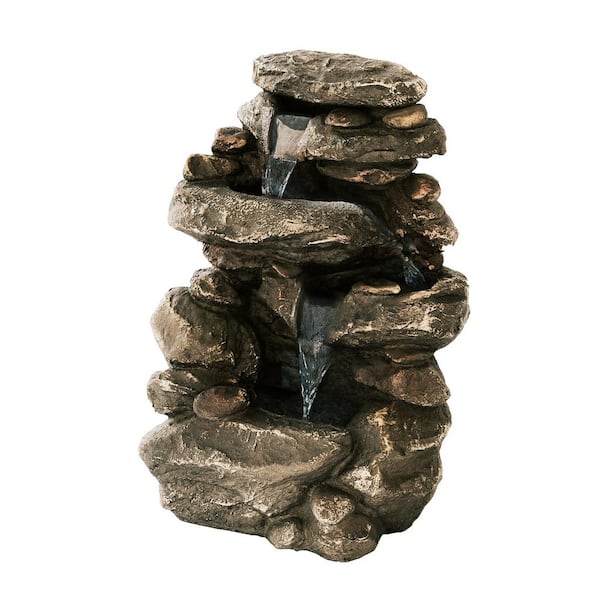 XBRAND 26.4 in. H Polystone/Stone Powder Classic Stacked Rock Waterfall Fountain, LED Lights and Pump, Multilevel Water Feature