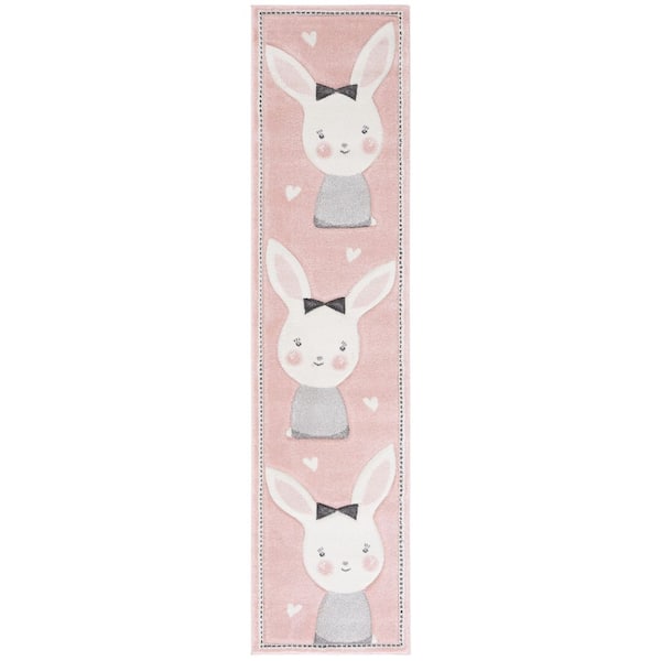 Carousel Kids 2 ft. x 10 ft. Pink/Ivory Border Solid Color Runner Rug