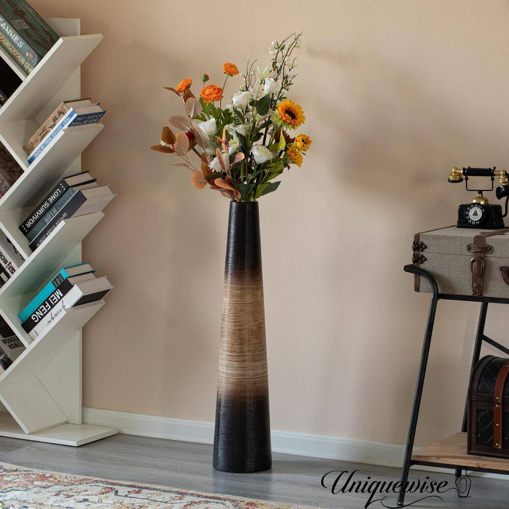 31-Inch Tall Handcrafted Brown Ceramic Cylinder Floor Vase