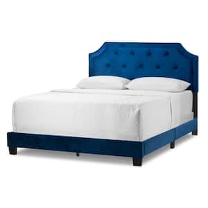 Aria Navy Blue Velvet Queen Bed with Piping and Button Tufting