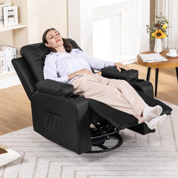 Recliner Chair Massage and Heat Swivel Rocker Recliners with Side Pockets, Cup Holders, Black
