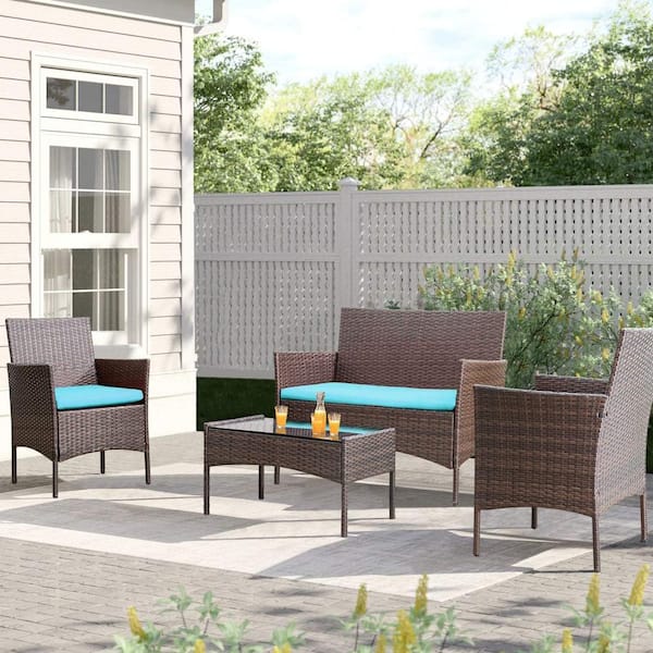 Tozey Brown 4-Pieces Wicker Outdoor Patio Conversation Furniture Sets Rattan Chair Wicker Set with Blue Cushion