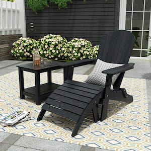Vineyard Black Plastic Outdoor Patio Folding Adirondack Chair and Ottoman with Side Table 3-Piece Set