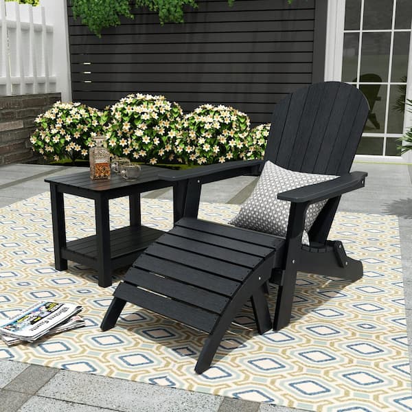 WESTIN OUTDOOR Vineyard Black Plastic Outdoor Patio Folding Adirondack Chair and Ottoman with Side Table 3-Piece Set