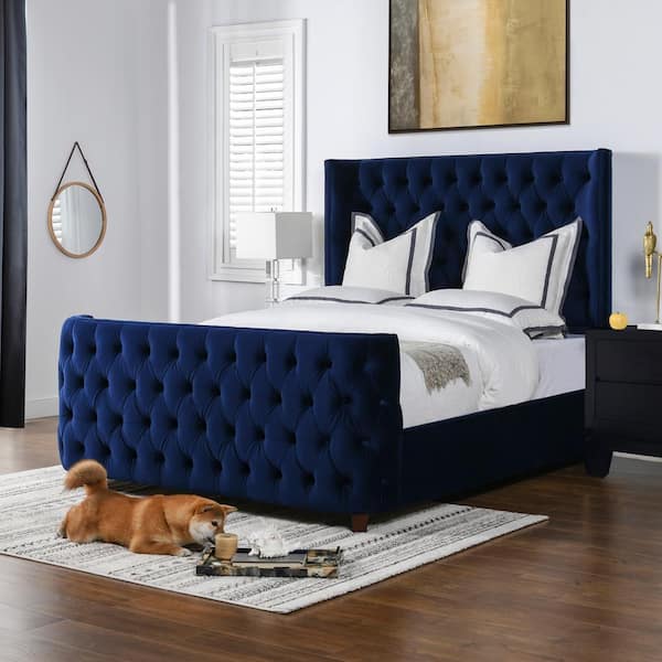 Jennifer Taylor Brooklyn Navy Blue Velvet Queen Tufted Panel Bed Headboard And Footboard Set 2559 859 3 The Home Depot