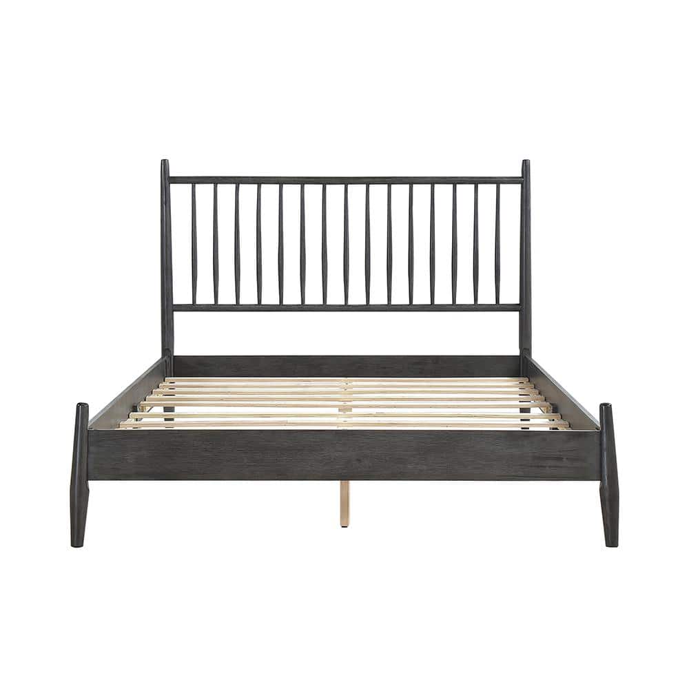 Gray Wood Queen Platform Bed with Vertical Slat Headboard