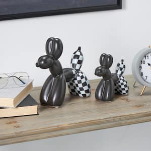 Black Ceramic Balloon Dog Sculpture with Checkered Accents (Set of 2)