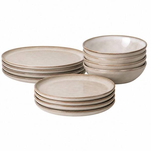 12-Piece Ceramic Dinnerware Set, Handmade Reactive Glaze Stoneware Plates and Bowls Sets, Brown (Service for 4)