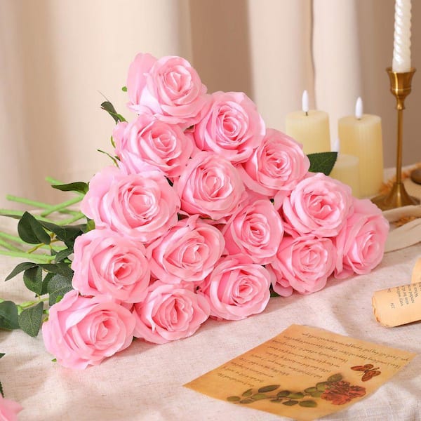 19.6 in. Pink Outdoor Artificial Rose Plastic Flower for