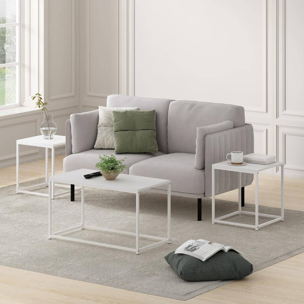 Furinno Camnus 30 in. W White Rectangle Wood Coffee Table with 2-White End Tables