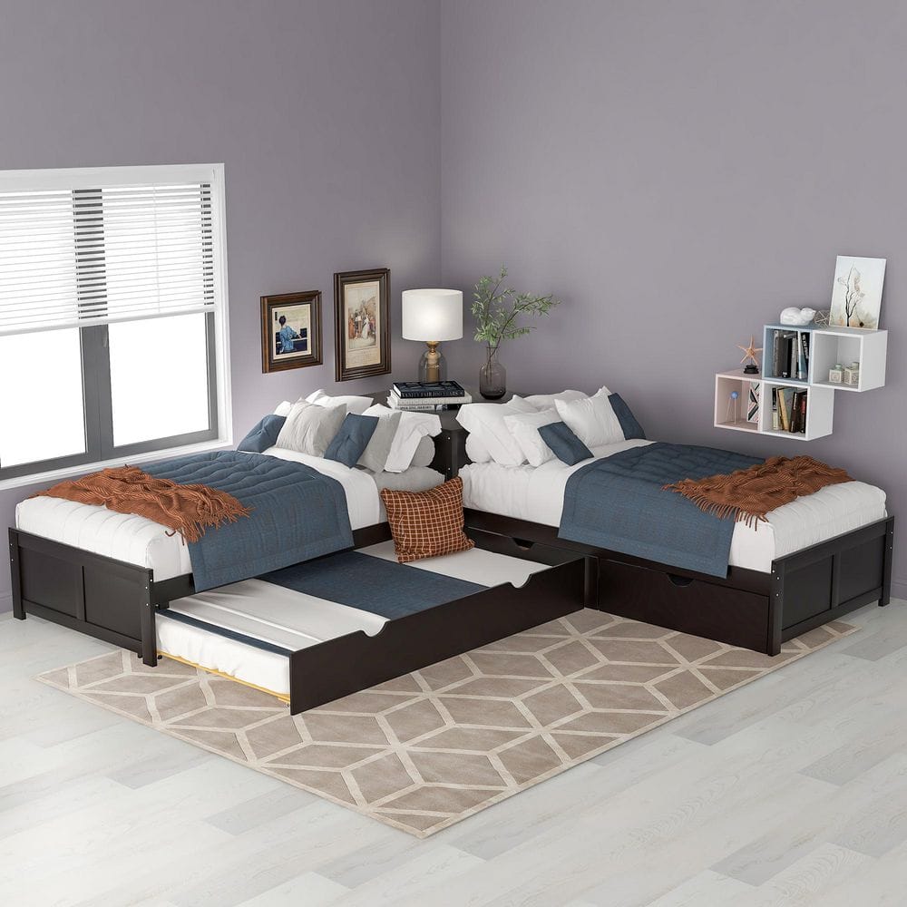 Espresso Brown Wood Frame Twin Size L-shaped Platform Bed with Trundle and Drawers Linked with built-in Desk price history on PriceWatchPro