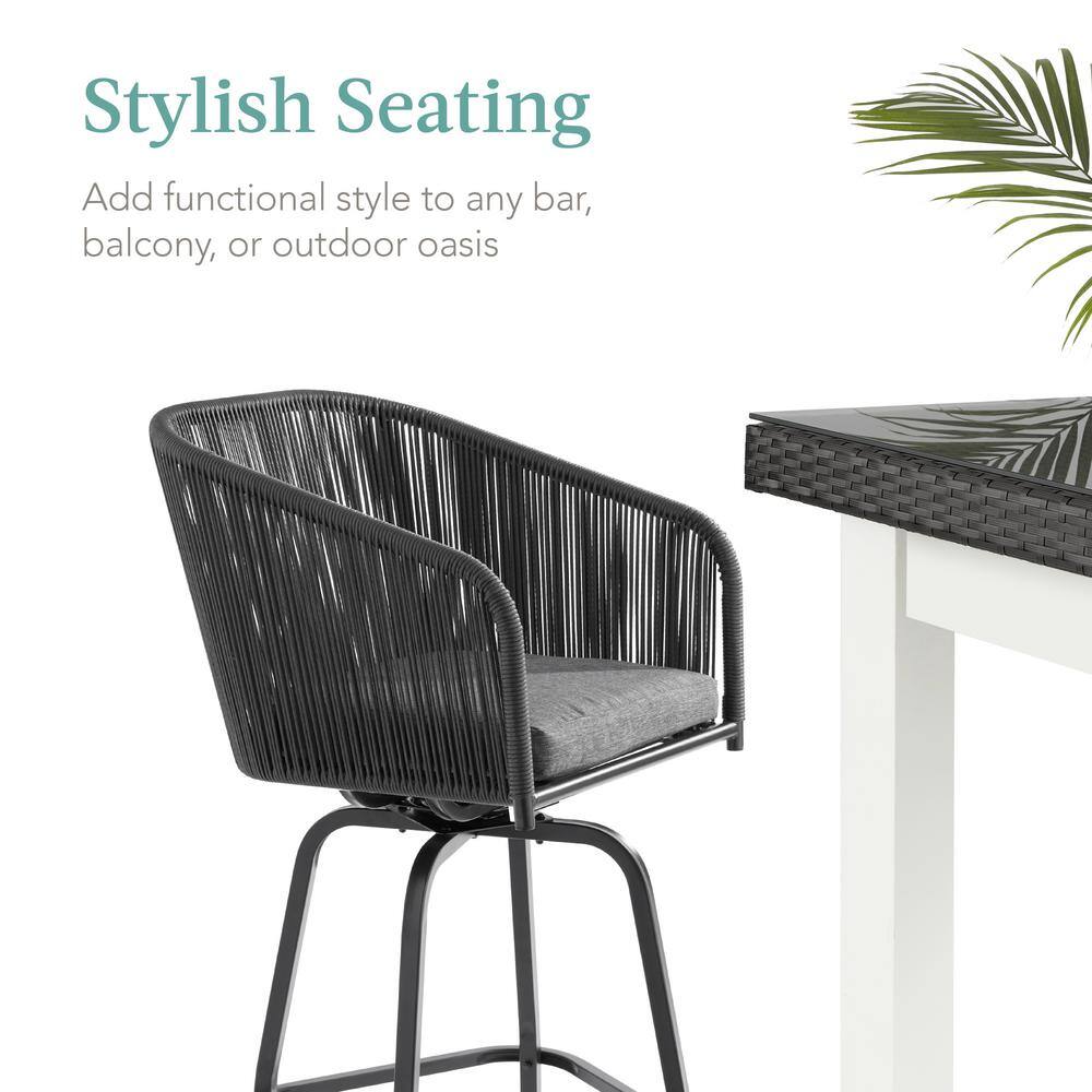 Handwoven Wicker 26" Black/Gray Swivel Bar Chairs with Cushions
