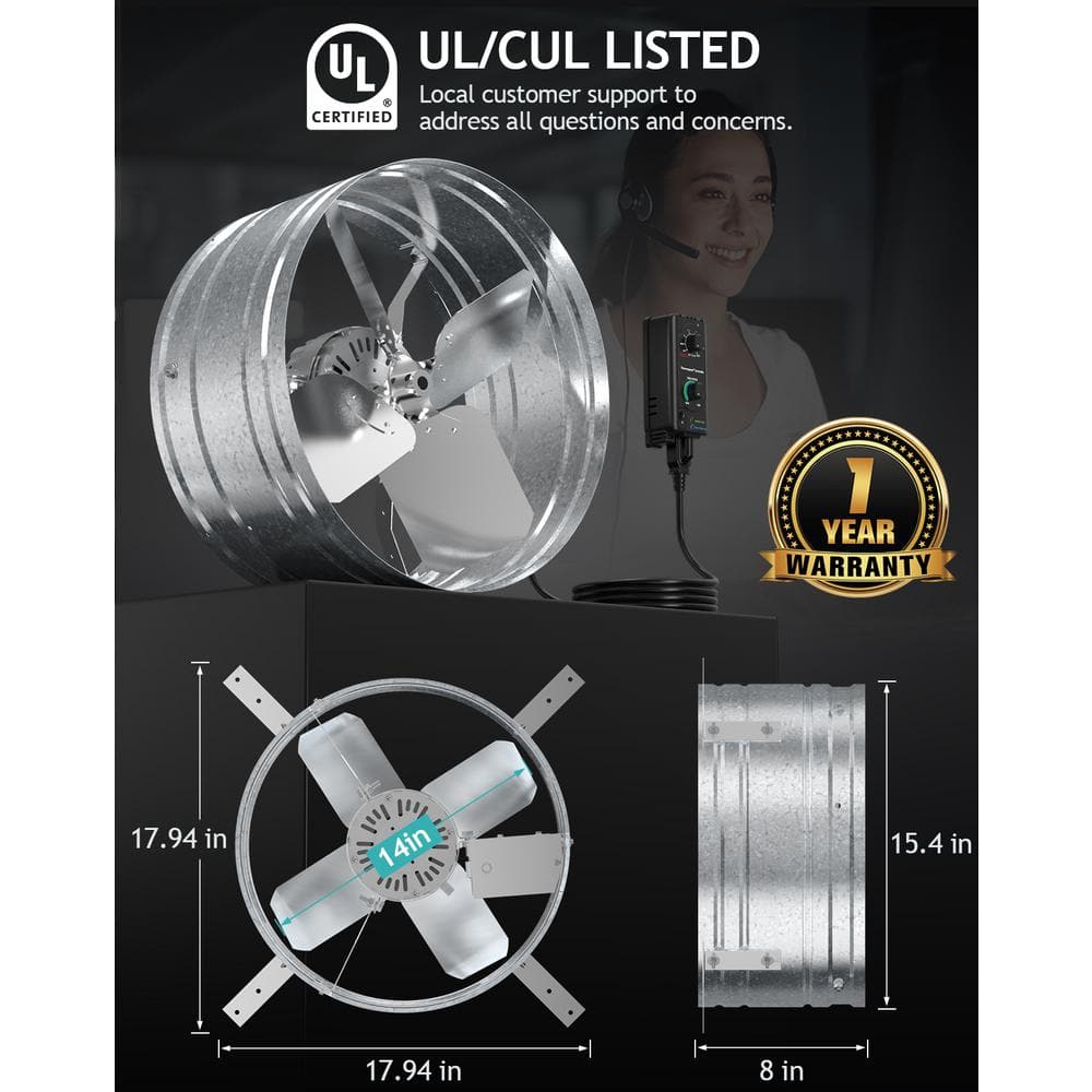 14" Silver Wall Mounted Variable Speed Gable Exhaust Fan with Thermostat