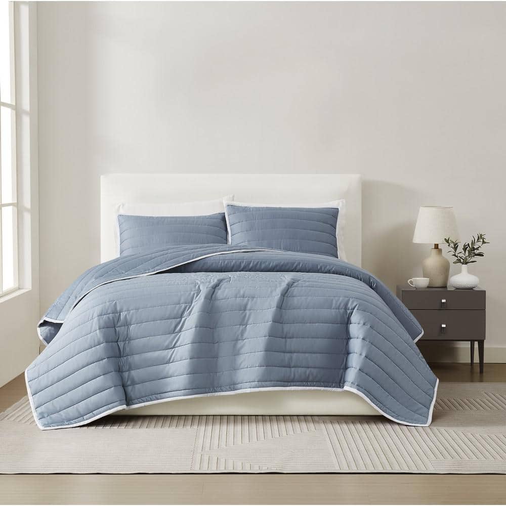 Blue Cotton Sateen Twin XL Quilt Set with Shams