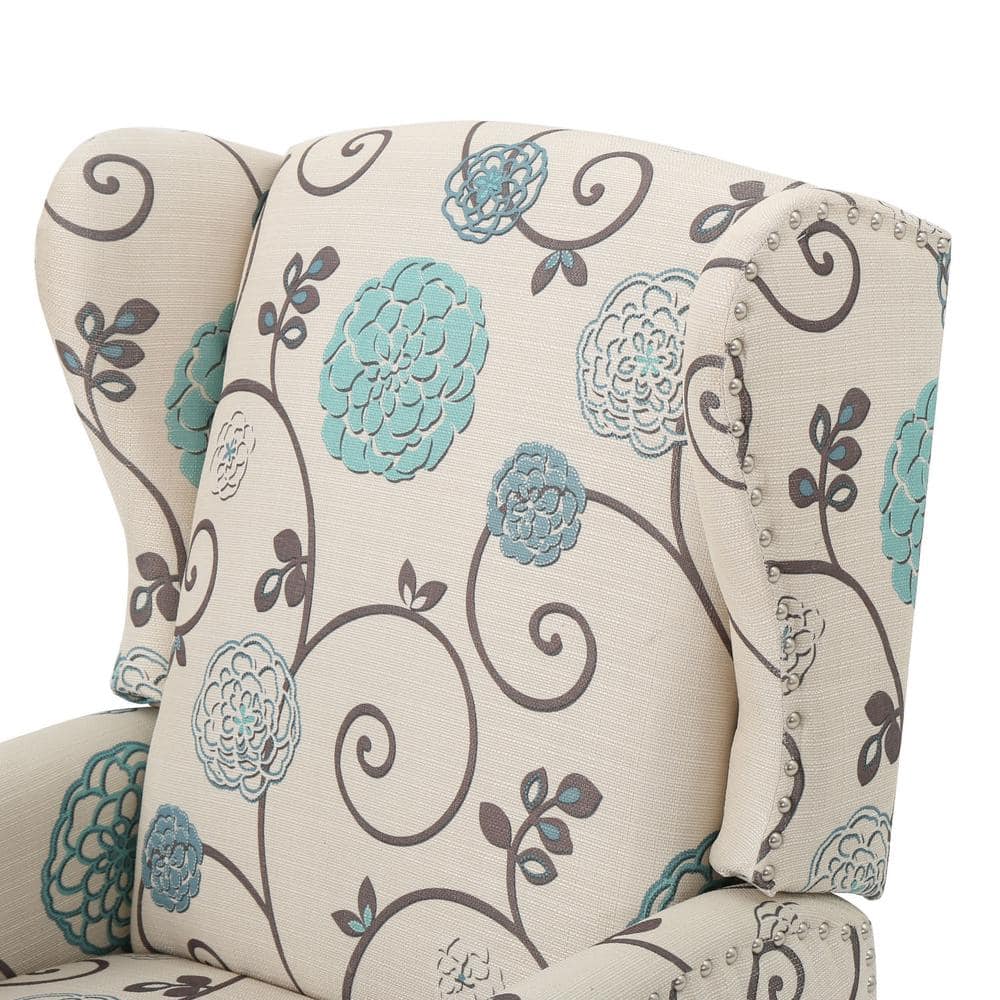 Handcrafted White Floral Polyester Recliner with Wingback Design