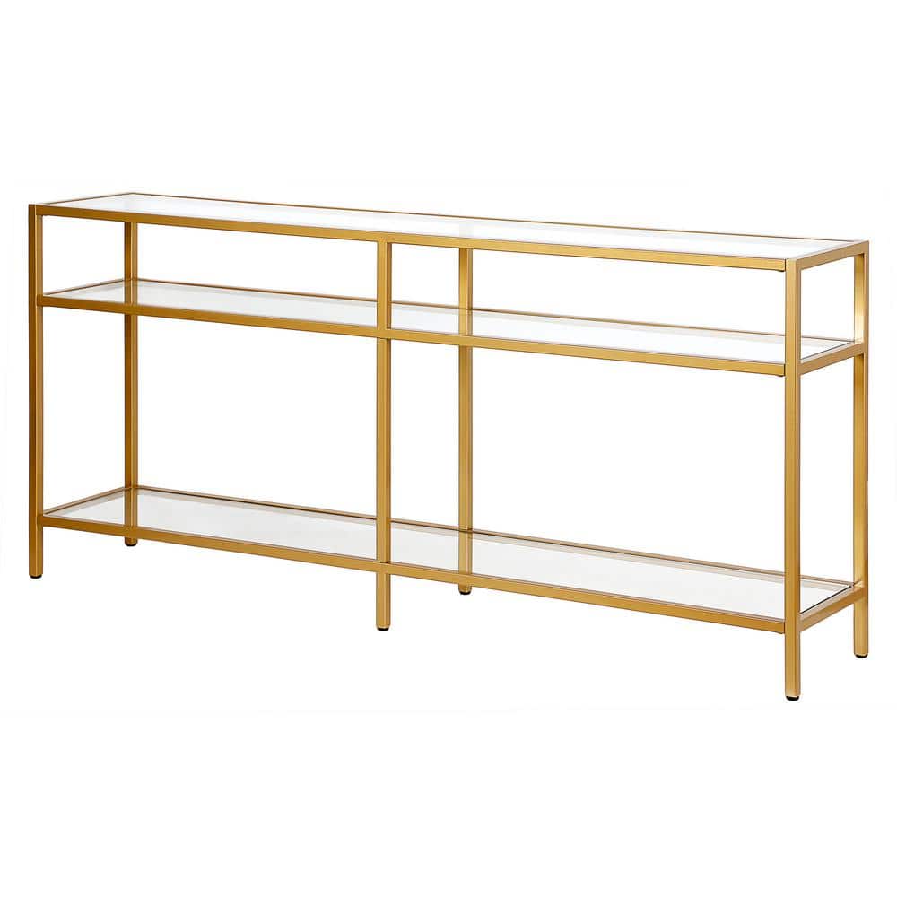 Golden Brass and Glass Rectangular Hallway Table with Storage