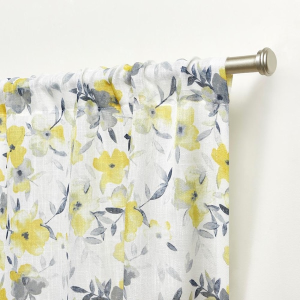 Hattie Yellow Floral Light Filtering Rod Pocket Curtain, 54 in. W x 84 in. L (Set of 2)