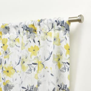 Hattie Yellow Floral Light Filtering Rod Pocket Curtain, 54 in. W x 96 in. L (Set of 2)