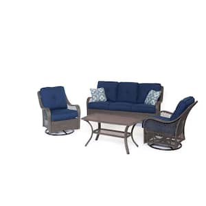 Orleans Grey 4-Piece All-Weather Wicker Patio Seating Set with Navy Blue Cushions, 4 Pillows and Glass Top Coffee Table