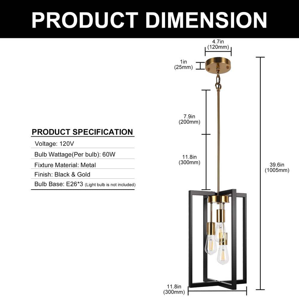 Modern Black and Gold Rectangle Metal Pendant Light
