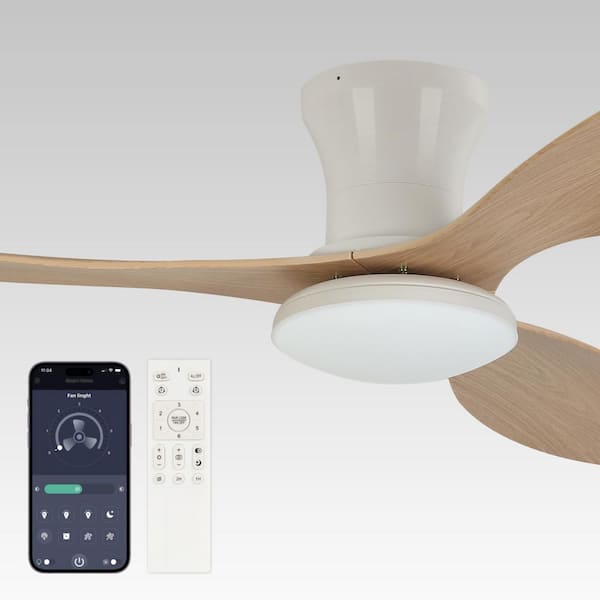 52 in. Smart Indoor Modern Wood Low Profile Flush Mount Ceiling Fan with Light Integrated LED with Remote 3-Blade