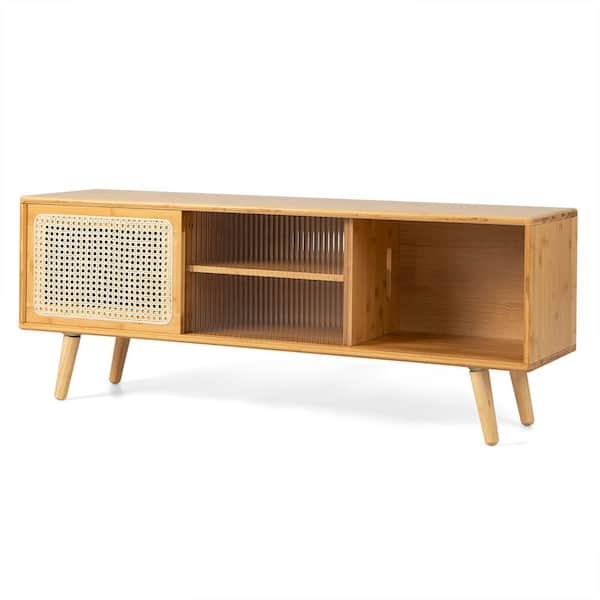 Costway Natural Fits TVs up to 55 in. Modern TV Stand Entertainment Center Media Console With Rattan Glass Sliding Doors