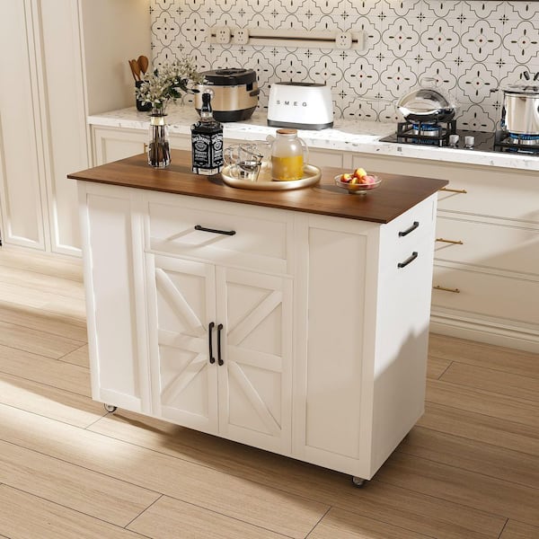 White MDF Wood Top 46 in. Kitchen Island Cart on Wheels with Outlets, Mobile Rustic Breakfast Bar with Drawer