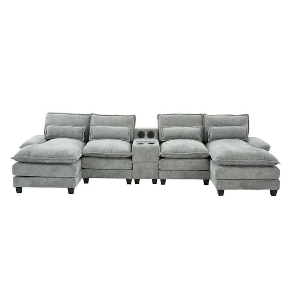 Modern 126 in. 4-Pieces Fabric Upholstered U-Shaped with Wireless Charging and Bluetooth Audio Sectional Sofa in. Gray
