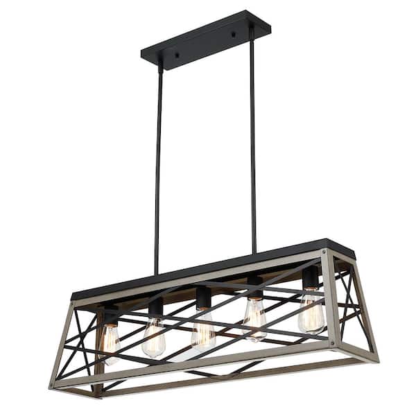 Hukoro 5-Light Kitchen Island Linear Pendant Chandelier with Anchor Grey Oak