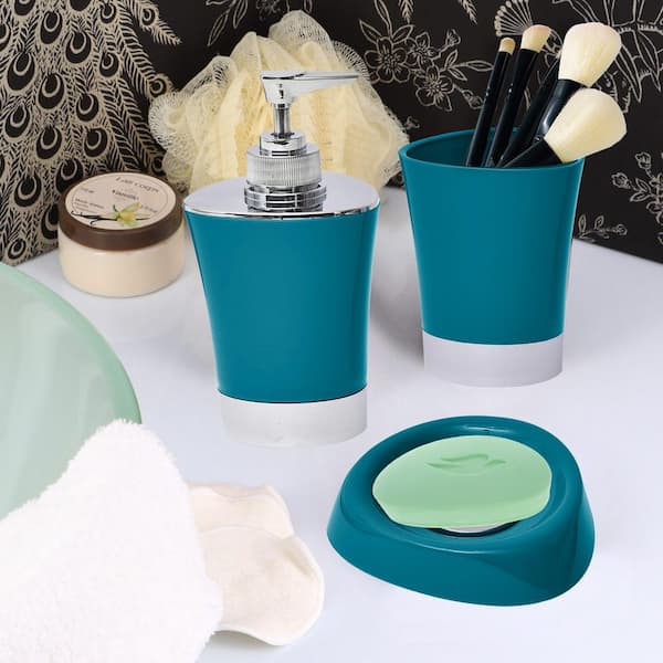 Soap Dish & Dispenser Aqua Tumbler Bloom Flower 4-Piece Stoneware Bathroom Accessory Sets- Toothbrush Holder