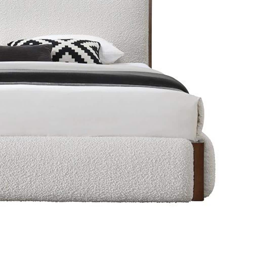 Sandro Queen Bed with White Boucle Upholstery and Walnut Frame