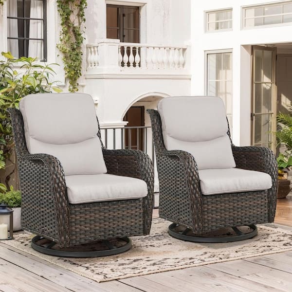 Crescent Brown Wicker Outdoor Rocking Chair Patio Swivel Chairs with CushionGuard Beige Cushions (2-Pack)