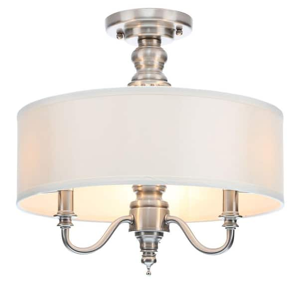 Hampton Bay Gala 15 in. 3-Light Polished Nickel Semi-Flush Mount with Ivory Fabric Shade