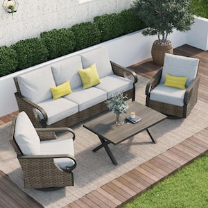 Dark Brown 4-Piece Outdoor Metal Patio Conversation Set with Swivel Rocking Chairs, Sofa and Removable Olefin Cushion