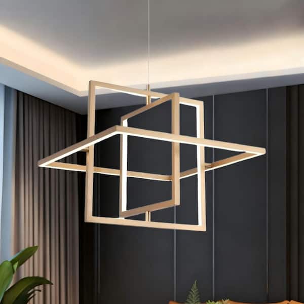 Mid-Century Modern 46-Watt 3-Light Dimmable Integrated LED Brushed Gold Island Chandelier, Square Hanging Pendant Light