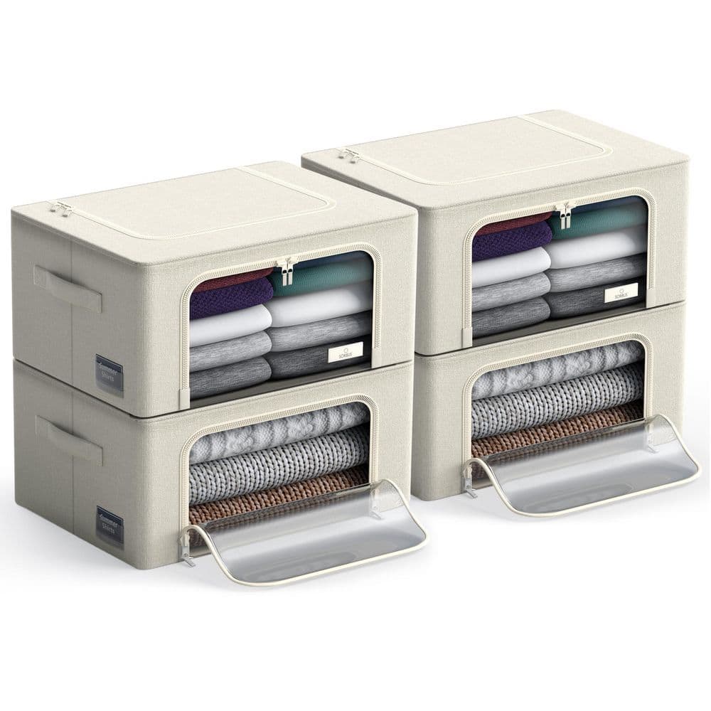 Storage Bins, Organizers with Metal Frame, Handles, and Window, Beige 15.75