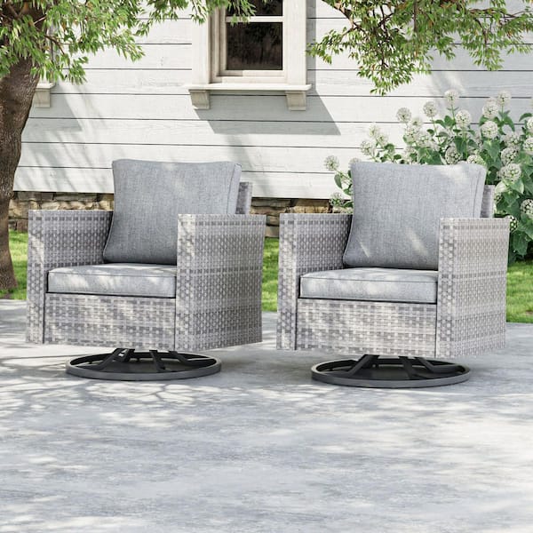 2-Piece Patio Furniture Conversation Set Gray Wicker Outdoor Rocking Chair Swiveling Set with Thick Cushion, Linen Grey