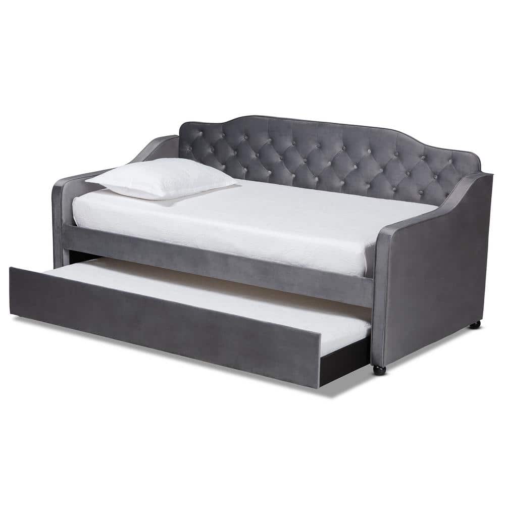 Gray Velvet Upholstered Twin Daybed with Tufted Back and Trundle