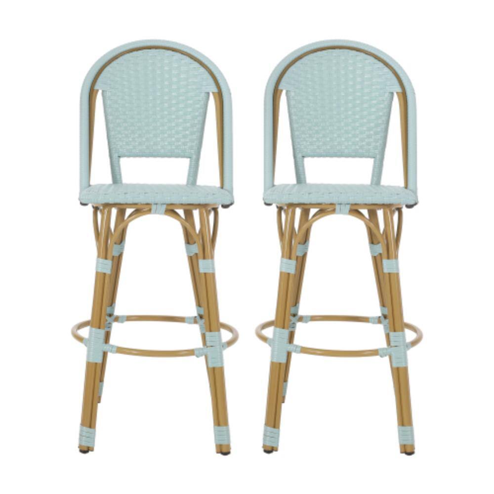 Riviera Set of 2 Aluminum 29.5 in. Patio Bar Stools with Backrest and PE Wicker Teal Blue Bamboo Finish price history on PriceWatchPro