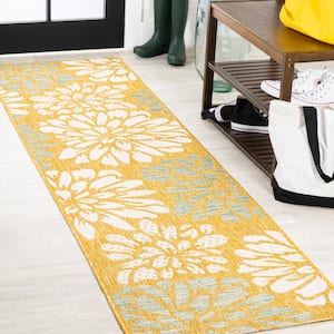 Zinnia Modern Floral Textured Weave Yellow/Cream 2 ft. x 10 ft. Indoor/Outdoor Area Rug