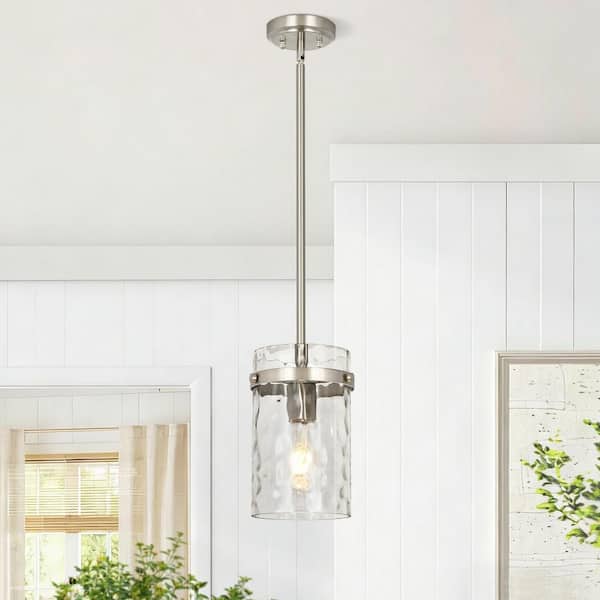 Modern Brushed Nickel Adjustable Kitchen Island Pendant Light with Medium 5. 1in Diameter Clear Hammered Glass Shade