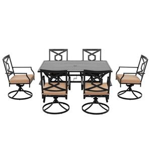 Black 7-Piece Metal Rectangle Outdoor Dining Set with Red Cushion Patio Furniture Set with Swivel Dining Chair