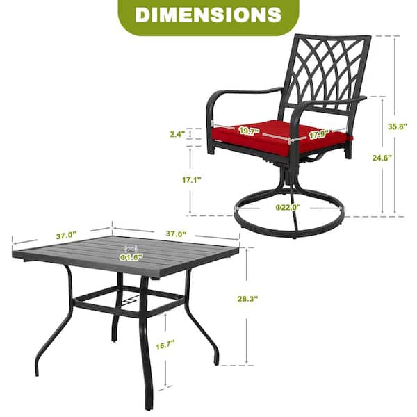 Black 5-Piece Metal Square Outdoor Dining Set with Red Cushions and 1.57 in. Umbrella Hole, Swivel Design