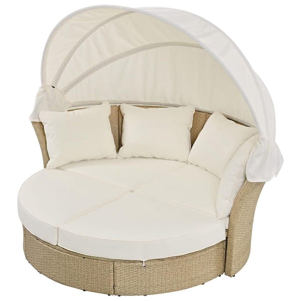 Tenleaf Brown Wicker Outdoor Day Bed with Beige Cushions, Retractable Canopy, 4 Pillows
