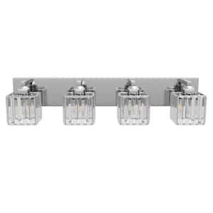 Modern 27.95 in. 4-Lights Crystal Bathroom Chrome Vanity Light Wall Sconce Over the Mirror with Crystal Lamp Shade