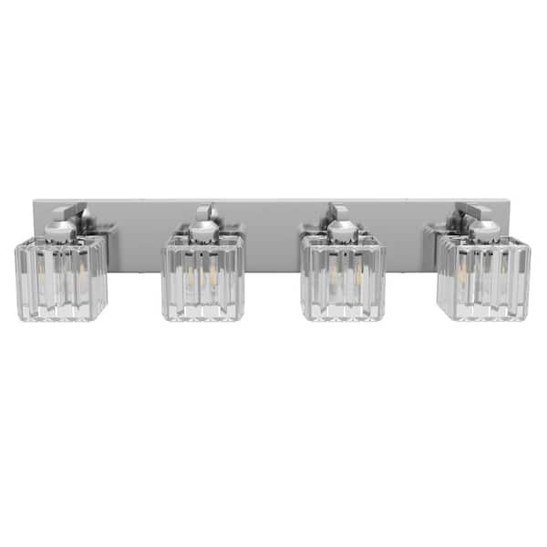 aiwen Modern 27.95 in. 4-Lights Crystal Bathroom Chrome Vanity Light Wall Sconce Over the Mirror with Crystal Lamp Shade