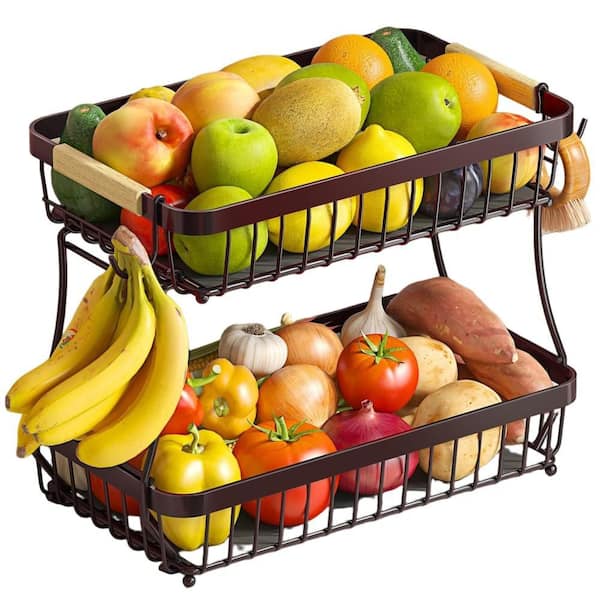2-Piece Fruit Basket, Bonus Mats, Banana Hooks, Rust-Resistant Iron, for Bread Snack, 2 Tier Fruit Basket Set, in Brown