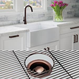 Luxury White Solid Fireclay 30 in. Single Bowl Farmhouse Apron Kitchen Sink with Antique Copper Accs and Flat Front