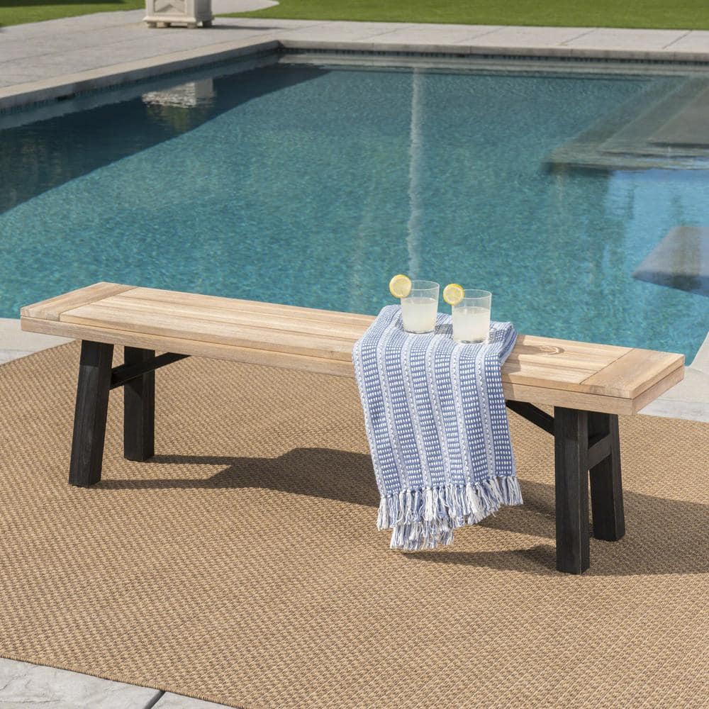Weather Resistant Outdoor Acacia Wood Rustic Bench Ottoman, Gray, Slat Pane